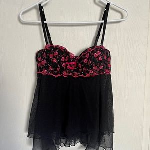 Victoria's Secret 34B Black with pink roses Sexy Little Things lingerie top